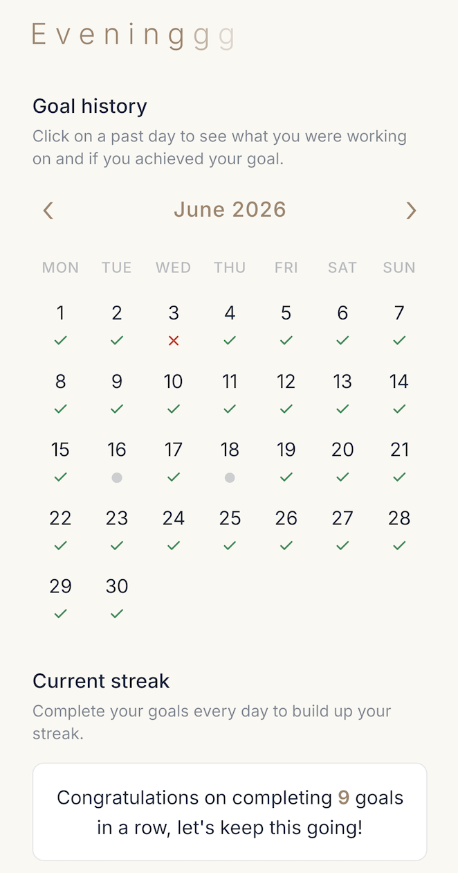 Calendar grid and streak